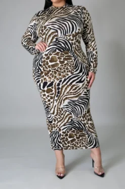 Autumn New Stylish Plus Size XL-5XL Leopard Batch Printing Long Sleeve Stretch Midi Dress Wholesale Midi Dresses