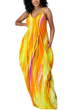 L-5XL Summer Tie-dye Stretch Adjustable Straps Loose Sexy Maxi Dress With Belt Wholesale
