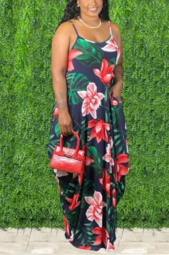 L-5XL Summer Flower And Leaf Batch Printing Stretch Adjustable Straps Loose Sexy Maxi Dress With Belt Wholesale