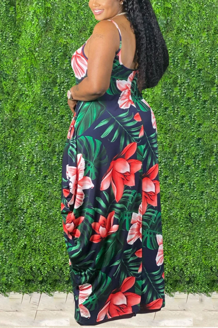 L-5XL Summer Flower And Leaf Batch Printing Stretch Adjustable Straps Loose Sexy Maxi Dress With Belt Wholesale - Image 3