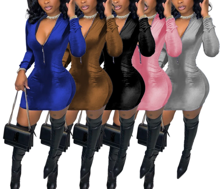 Autumn New Plus Size Solid Color Velvet Stretch Zip-up Casual Minimalist Bodycon Mini Dress Wholesale - Image 13