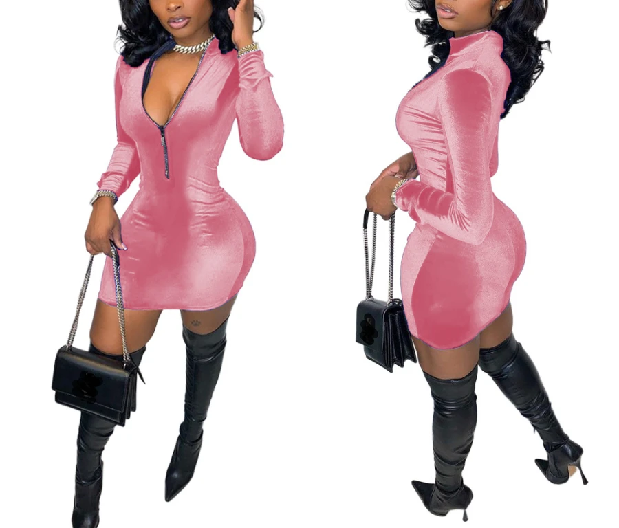 Autumn New Plus Size Solid Color Velvet Stretch Zip-up Casual Minimalist Bodycon Mini Dress Wholesale - Image 17