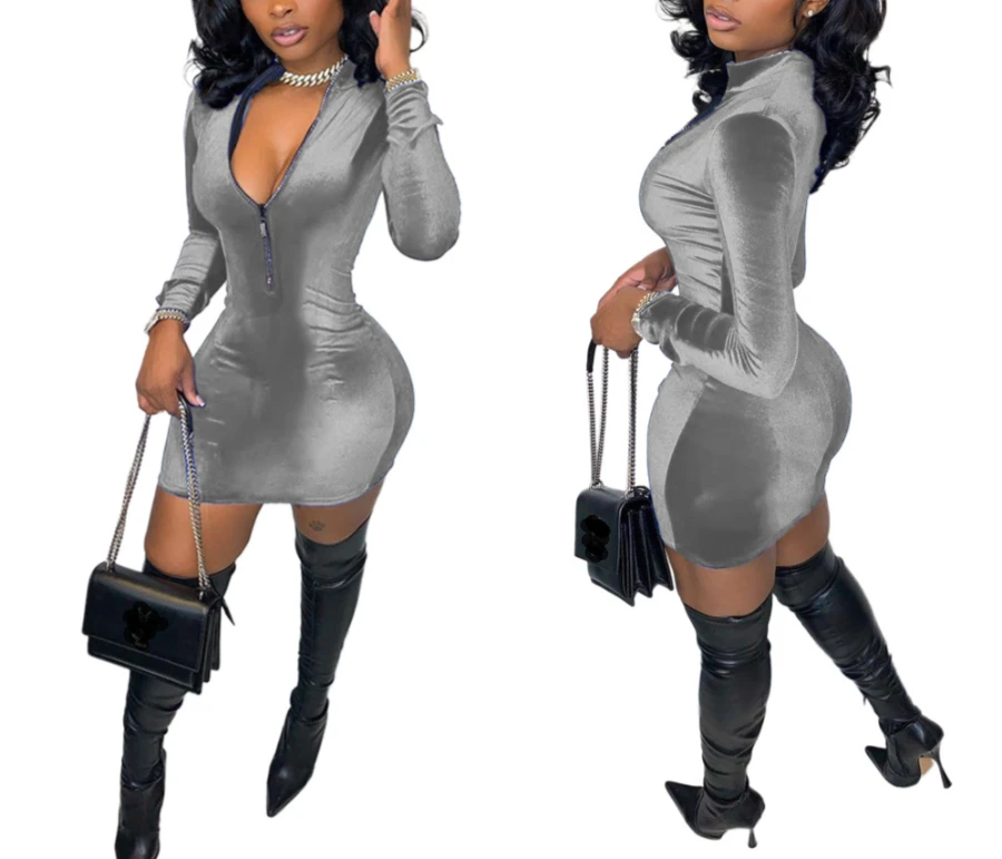 Autumn New Plus Size Solid Color Velvet Stretch Zip-up Casual Minimalist Bodycon Mini Dress Wholesale - Image 18