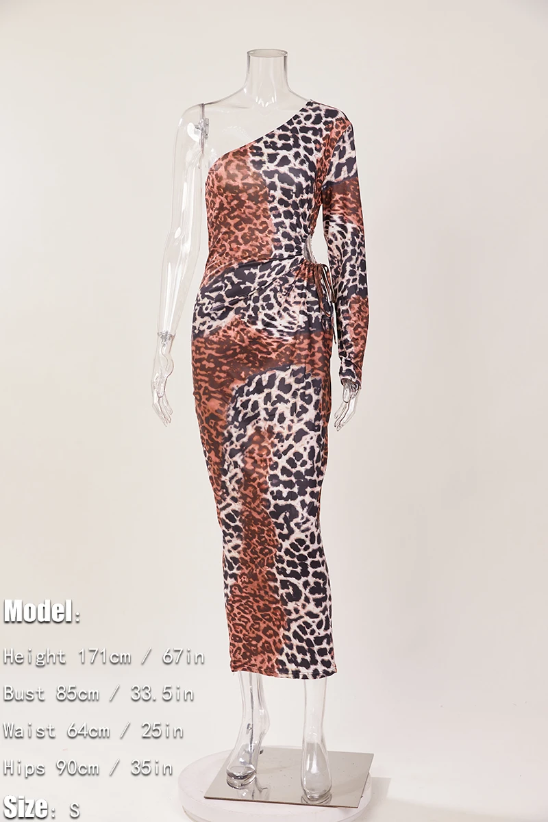 Autumn Leopard Batch Printing Hollow Out Stretch One Shoulder New Stylish Casual Maxi Dress Wholesale - Image 7
