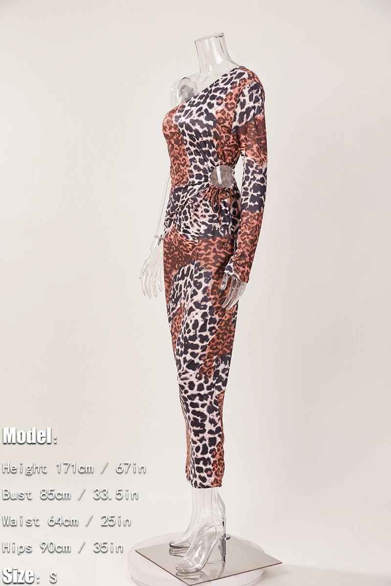 Autumn Leopard Batch Printing Hollow Out Stretch One Shoulder New Stylish Casual Maxi Dress Wholesale - Image 8