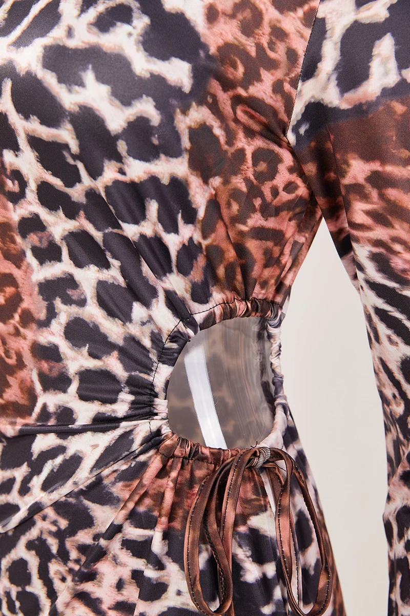 Autumn Leopard Batch Printing Hollow Out Stretch One Shoulder New Stylish Casual Maxi Dress Wholesale - Image 11