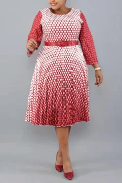 2XL-6XL Spring Plus Size Three Colors Geometric Pattern Gradient Printing Micro-elastic Three-quarter Sleeves Casual Midi Dress With Belt Wholesale
