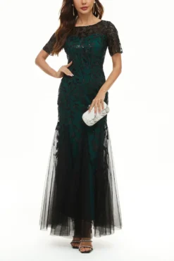 XS-4XL Summer New Plus Size Sequin Leaf Shaped Embroidered Mesh Patchwork Lining Design Micro-elastic Zip-up Back Elegant Wedding High Quality Maxi Dress Wholesale