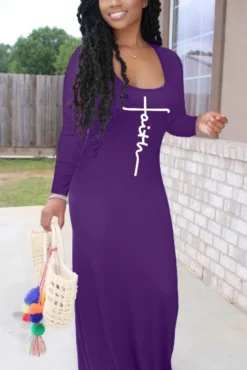 Autumn New Stylish Two Colors Letter Printing Crew Neck Long Sleeve Stretch Plus Size Casual Maxi Dress Wholesale