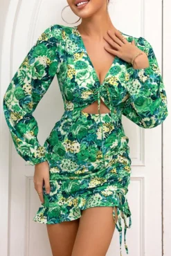 XS-XL Autumn New Stylish Flower Batch Printing Hollow Drawstring V-neck Non-stretch Sexy Mini Dress Wholesale