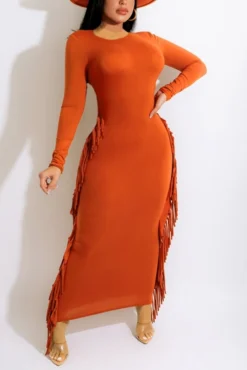 Autumn New Plus Size 4 Colors Stretch Tassel Long Sleeves Solid Color Stylish Maxi Dress Wholesale Maxi&Gown
