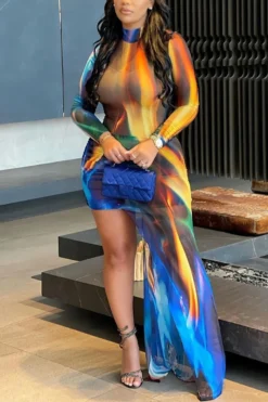 Slight Stretch Tie-dye Batch Printing Irregular Slim Sexy Maxi Dress Wholesale Maxi&Gown