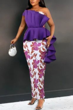 S-4XL Plus Size Slight stretch One Shoulder Printing Zip-up Slit Sexy Maxi Dress Wholesale Maxi&Gown