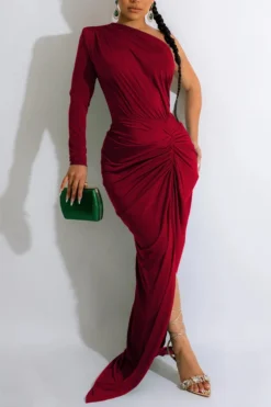 Plus Size Slight stretch 9 Colors One Shoulder Shirring Slit Sexy Maxi Dress Wholesale Sexy Dresses