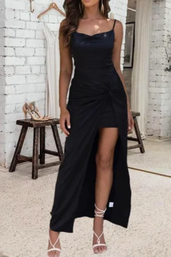 XS-L Sexy Slight Stretch Satin High Slit Backless Lace-up Maxi Dress Wholesale Sexy Dresses