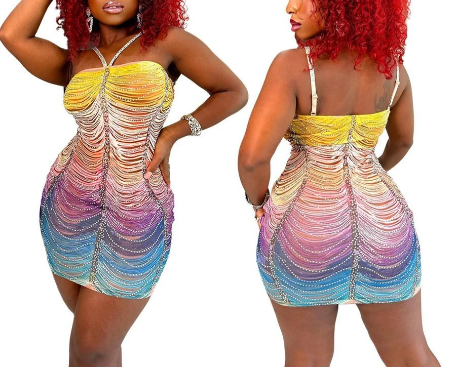 Sexy Plus Size Slight stretch Tight Sling Rhinestone Mini Dress Wholesale Sexy Dresses - Image 6