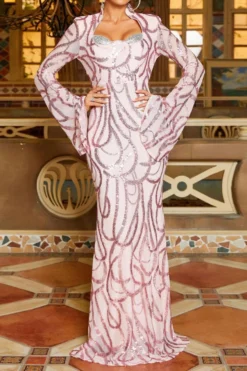 Elegant High Quality Slight Stretch Sequin Padded Bell-sleeve Maxi Dress Wholesale