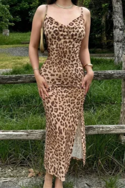 Sexy Slight Stretch Leopard Printing High Slit Sling Maxi Dress Wholesale