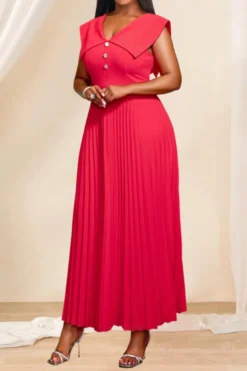 Casual Plus Size Slight Stretch Solid Color V-neck Sleeveless Pleated Maxi Dress Wholesale