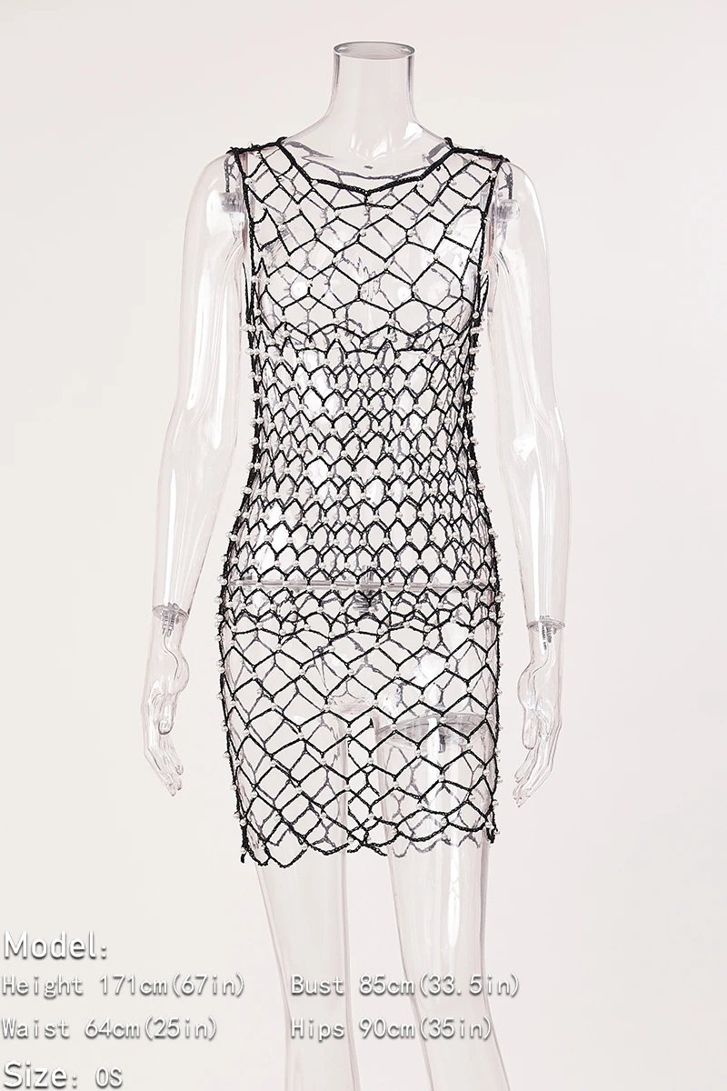Sexy Hollow Woven Fishnet Pearl Slim Midi Dress Cover-up(only Cover-up) Wholesale - Image 9