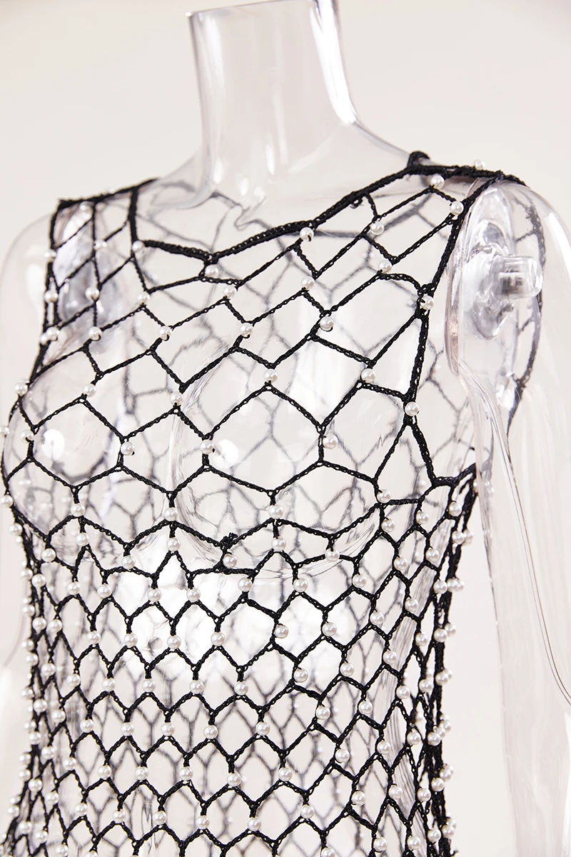 Sexy Hollow Woven Fishnet Pearl Slim Midi Dress Cover-up(only Cover-up) Wholesale - Image 12