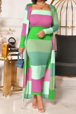 Plus Size New Stylish Contrast Color Printing Strapless Dress With Cardigan Stretch Casual Two-piece Set Wholesale