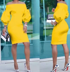 3 Color Sexy Word Shoulder Lantern Sleeve Midi Dress Wholesale Midi Dresses