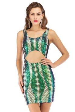 New Solid Color Fashion Sequin Round Neck Hollow Stretch Mini Dress Wholesale Tank & Cami Dresses