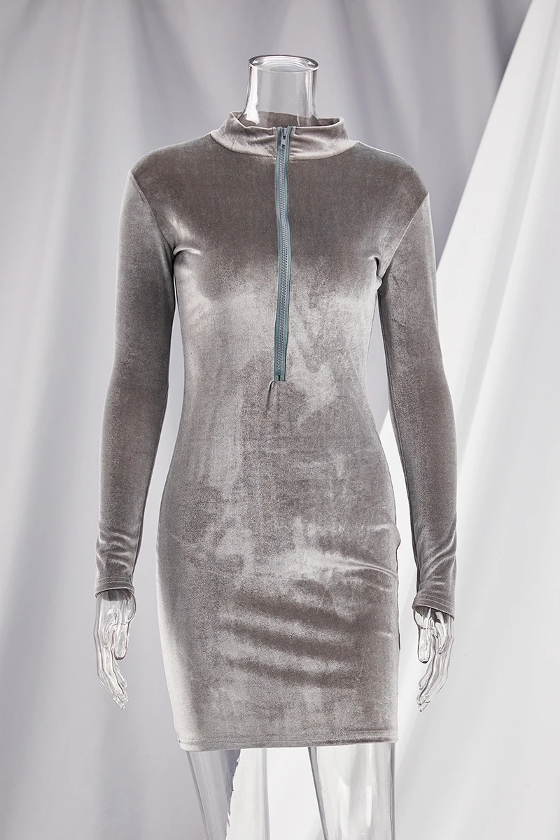 Autumn New Plus Size Solid Color Velvet Stretch Zip-up Casual Minimalist Bodycon Mini Dress Wholesale - Image 2