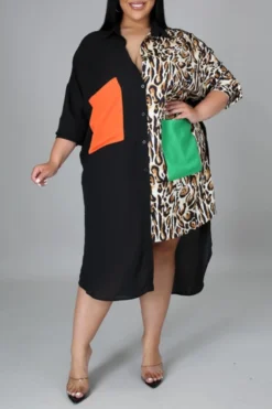 Autumn Plus Size L-4XL Leopard Batch Printing Stitching Single Breasted Inelastic Loose Casual Midi Dress (without Belt) Wholesale