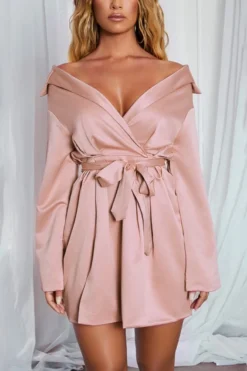 Autumn New 2 Colors Satin Stretch Long Sleeve Deep-v-neck Slit Lace Up Stylish Sexy Mini Dress(with Belt) Wholesale Sexy Dresses