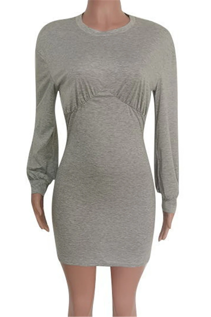 Plus Size 5 Colors Autumn Solid Color Simple Lantern Sleeve Stretch Slim Dress Wholesale - Image 7