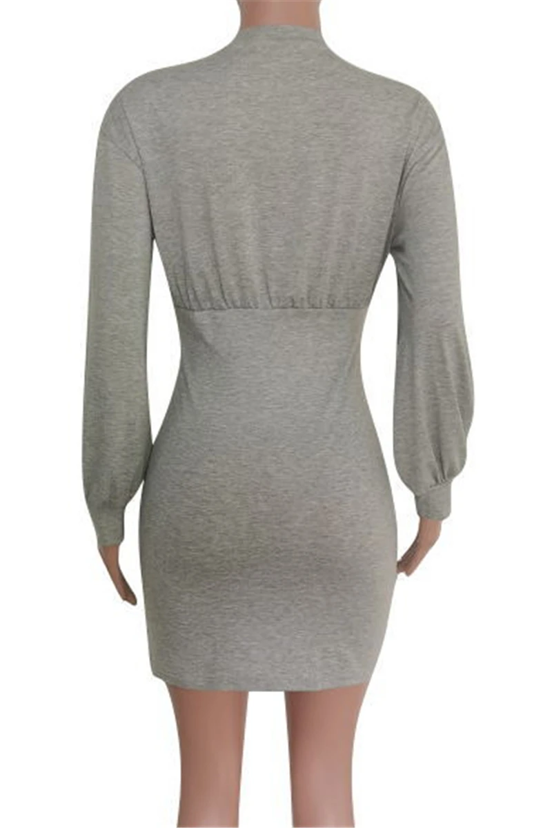 Plus Size 5 Colors Autumn Solid Color Simple Lantern Sleeve Stretch Slim Dress Wholesale - Image 9