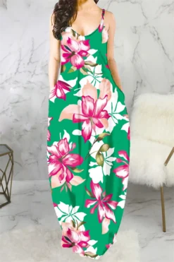 Plus Size New 3 Colors Flowers Batch Printing V-neck Sling Loose Maxi Dress Wholesale Plus-Size Dresses