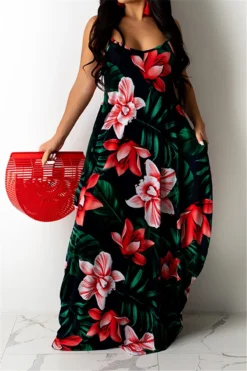 New Style Summer Flowers Batch Printing Sling Low Cut Fashion Sexy Maxi Dress Wholesale